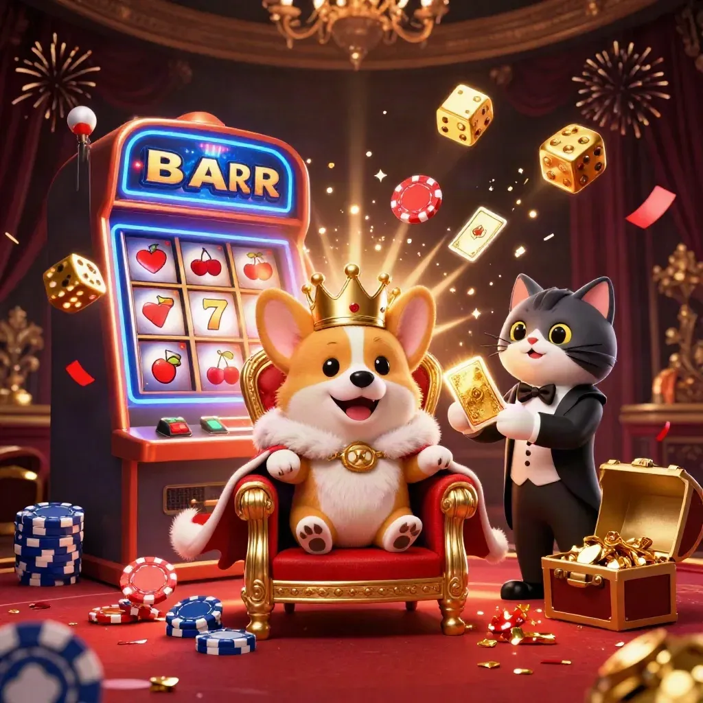Royal corgi and cat butler amid jackpot bursts, chips, dice, treasure, and neon casino magic.