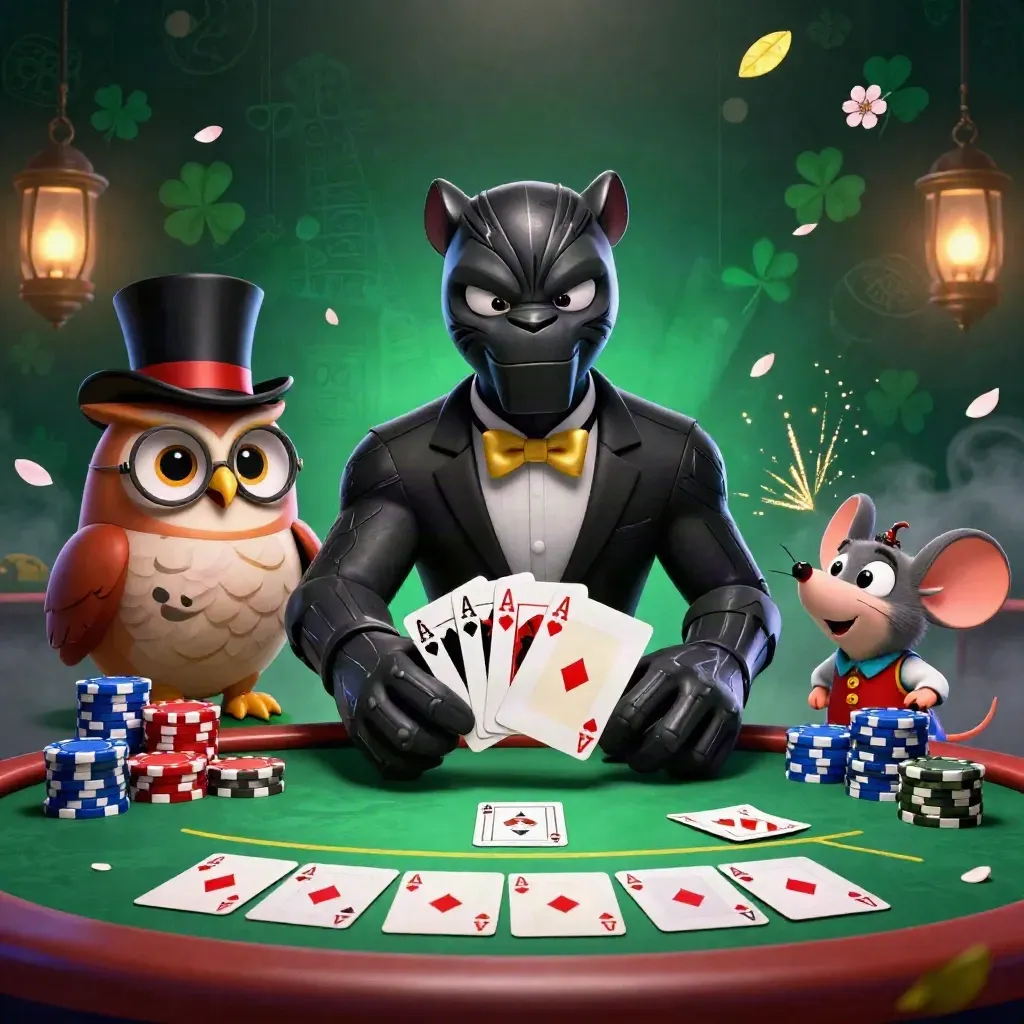 Black panther, owl, and mouse play poker amid glowing chips in a neon casino scene.