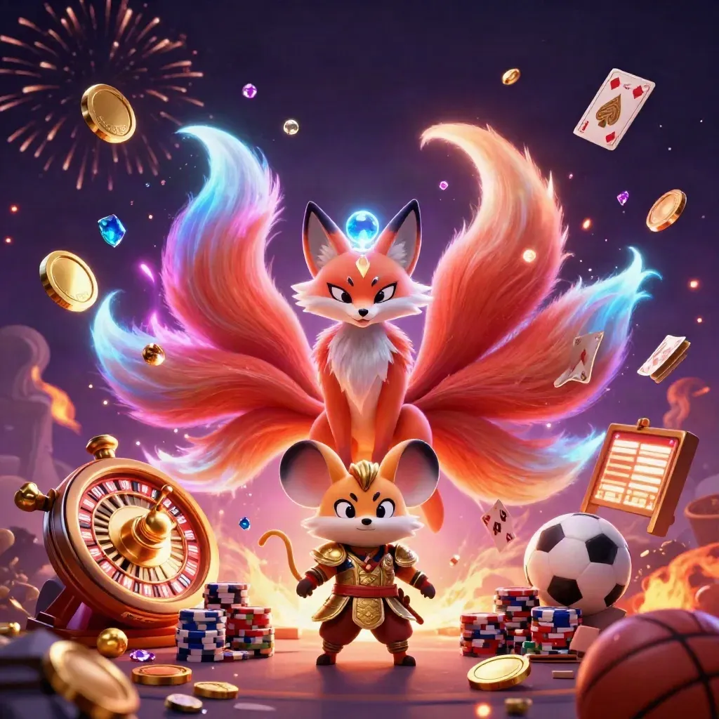 Nine-tailed fox spirit and samurai mouse amid casino coins, cards, chips, and fireworks.