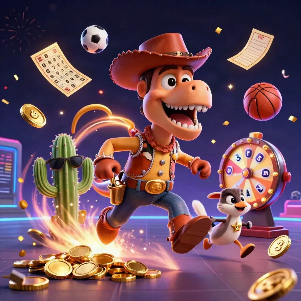 Cowboy T-Rex, cactus sidekick and sheriff roadrunner amid casino prizes, coins and fireworks.