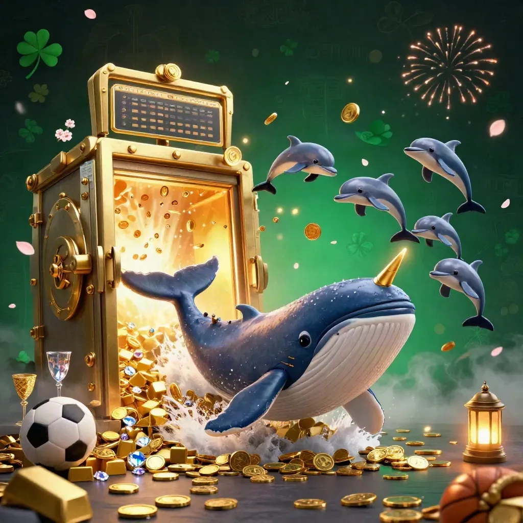 Whale captain, narwhal, and dolphins burst from a coin vault with gold, gems, and fireworks.