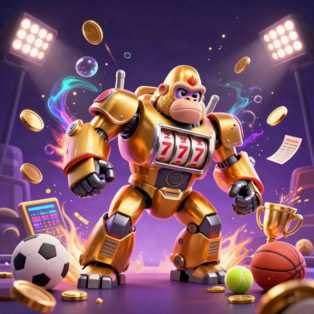 Golden gorilla mech bursts with coins, sports balls, trophy, and fireworks in neon darkness.