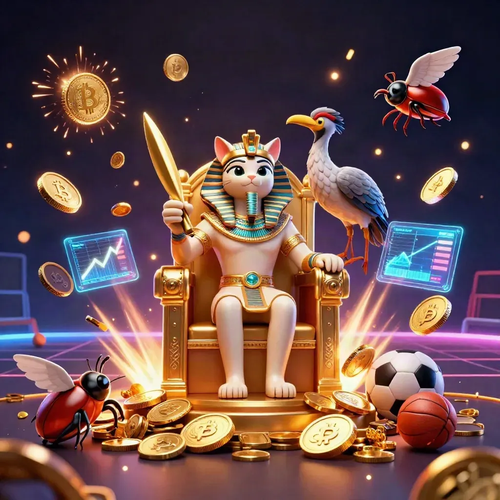 Pharaoh cat, ibis scribe, and scarabs amid gold coins, neon lightning, and casino loot.