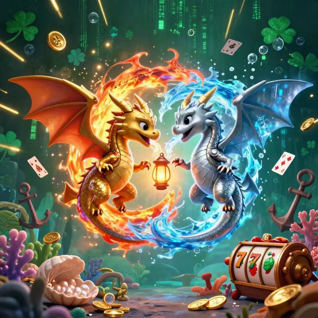 Gold and silver dragons spiral around a lantern spirit in a glowing casino treasure cove.