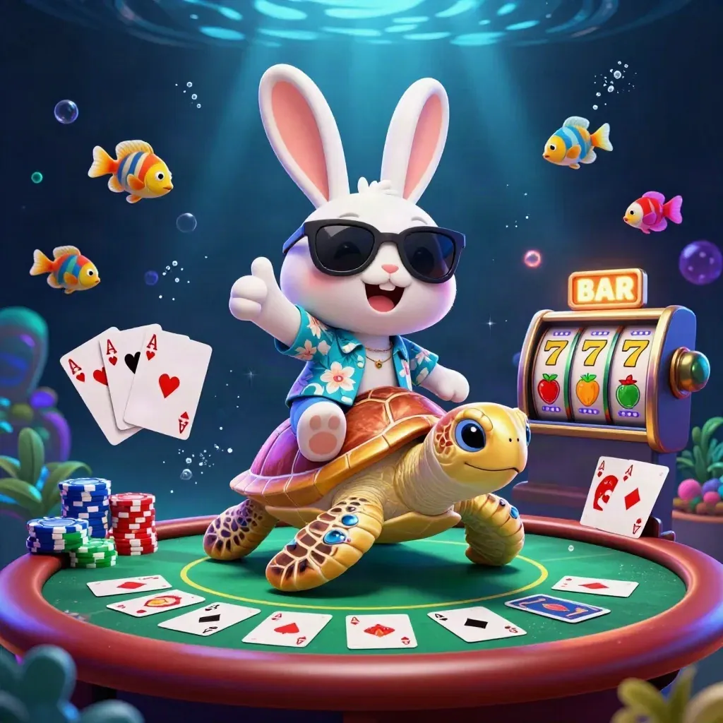 Rabbit riding a golden turtle amid poker chips, cards, slot reels, and glowing underwater light.
