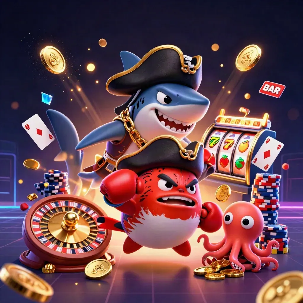 Pirate shark, boxing pufferfish, and baby octopus amid casino chips, coins, and neon glow.