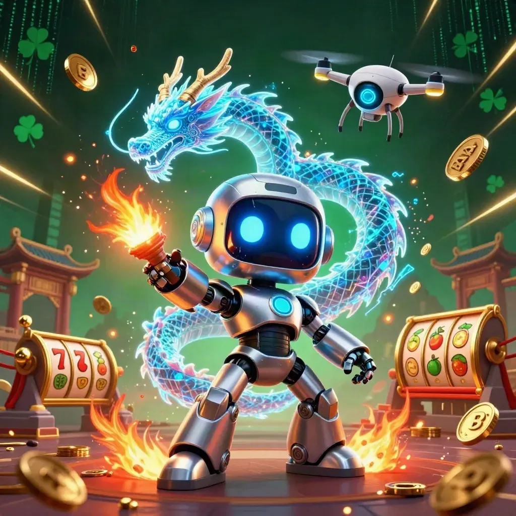 Cyberpunk robot mascot, holographic dragon, and coin drone amid casino relics and neon energy.