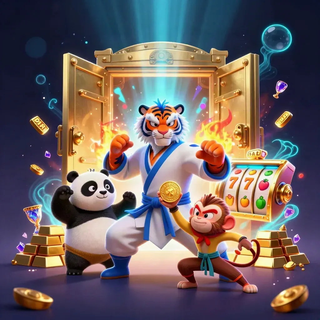 Tiger, panda, and monkey at a glowing treasure vault with casino symbols.