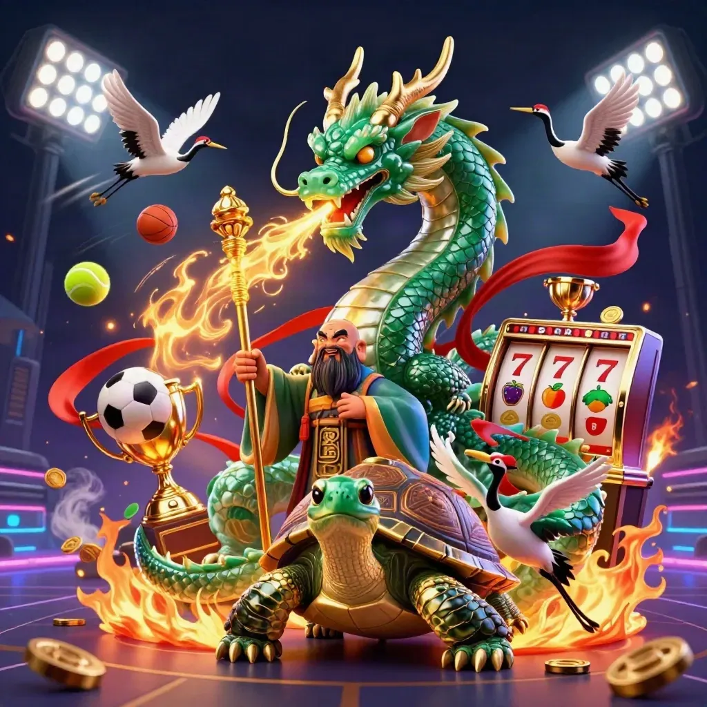 Emerald dragon, turtle sage, and cranes amid casino sports icons, fire, coins, and neon lights.