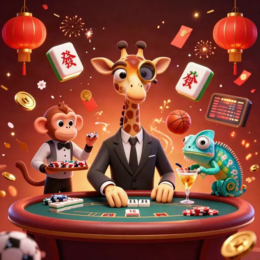 Giraffe, monkey, and chameleon at a poker table with casino and sports icons.