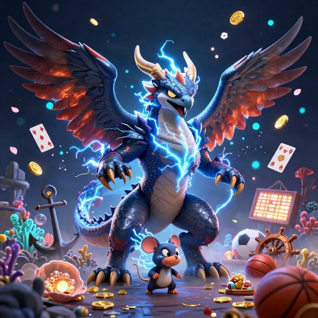 Thunder dragon, wind hawk, and static mouse amid treasure cove loot and neon effects