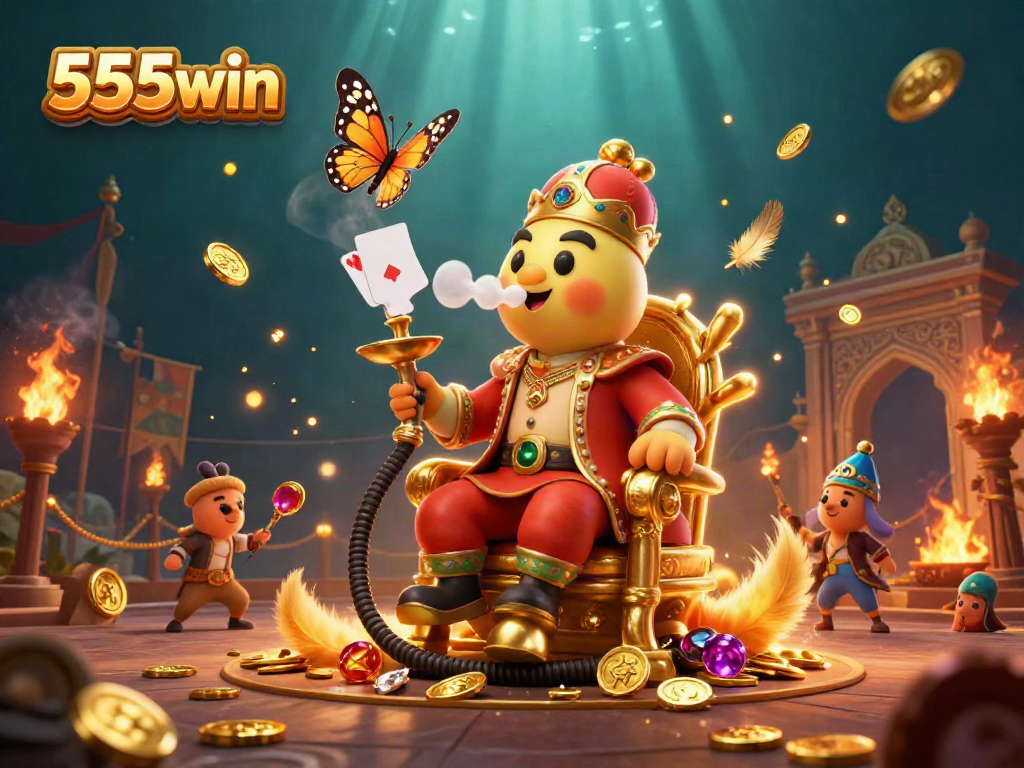 Engaging illustration of 555win's vibrant casino scene with a caterpillar hookah-master among gold coins and poker symbols.