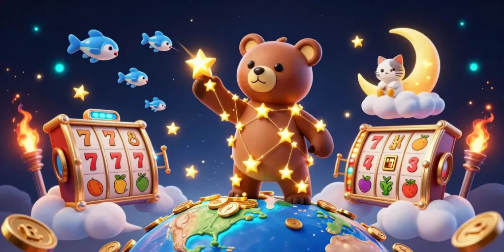 Experience the thrill of singatoto slot in a vibrant 3D scene featuring a bear, coins, and slot elements.