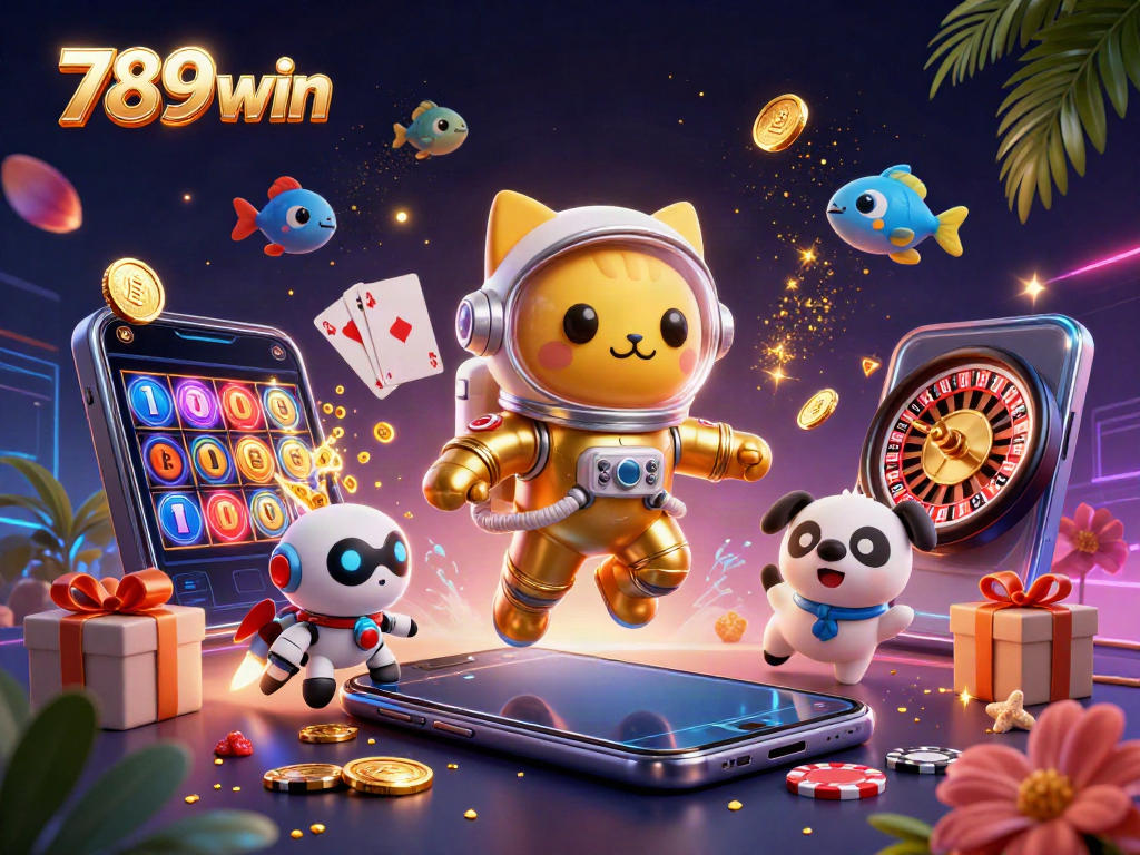 Engage with 789win's vibrant casino universe featuring a floating astronaut cat and mobile gaming elements.