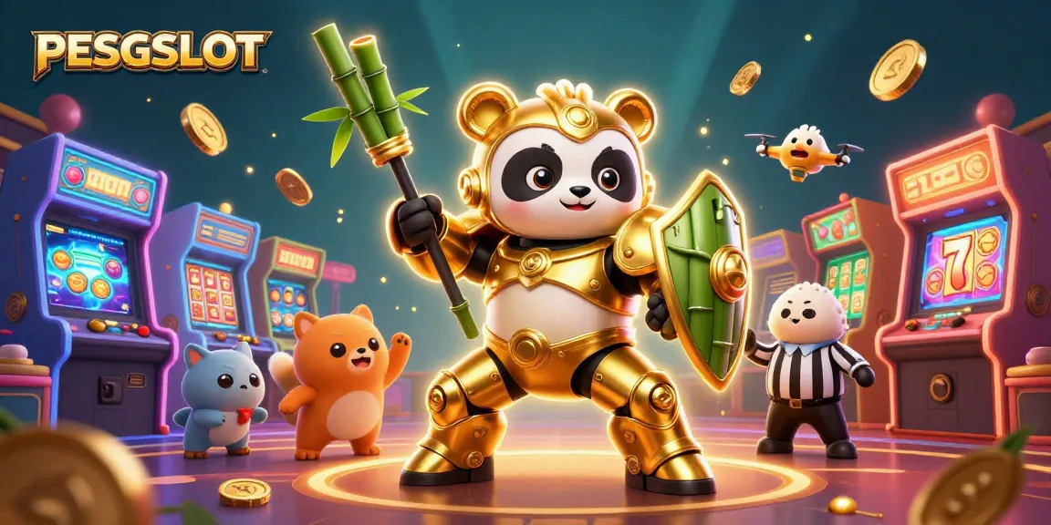 PESGSLOT showcases an energetic scene with a golden panda mech-suit battling within a vibrant casino setting, surrounded by slot reels and cheering spectators.