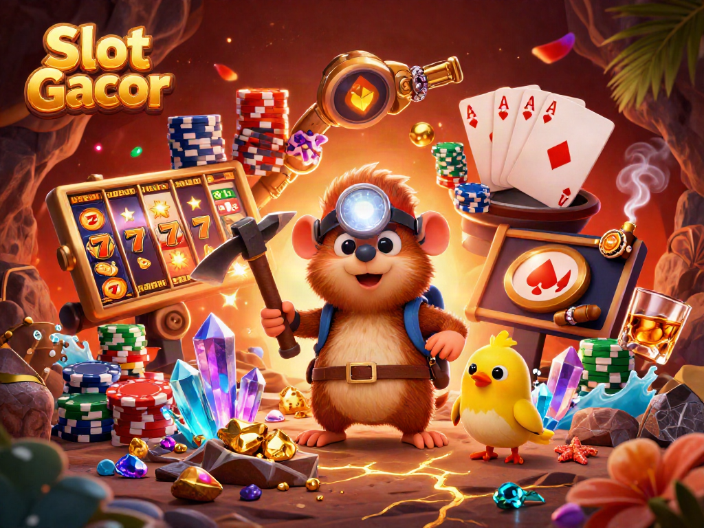 Engage with Slot Gacor in a vibrant casino scene featuring a treasure hunter mole and magical elements.