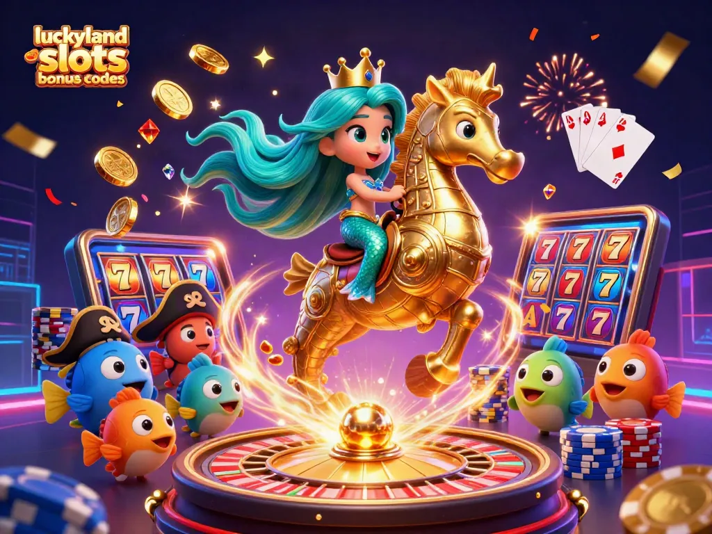 Engage with LuckyLand Slots bonus codes for top casino games, showcasing mermaid princess and jackpot thrills.