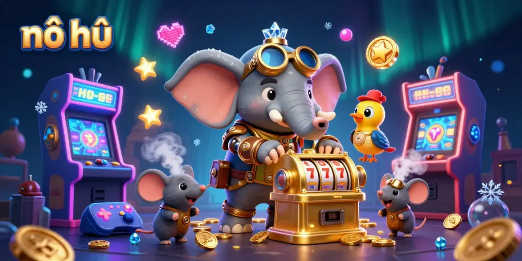 Nổ hũ gameplay featuring a steampunk elephant operating a dynamic golden slot machine, rich in casino elements.