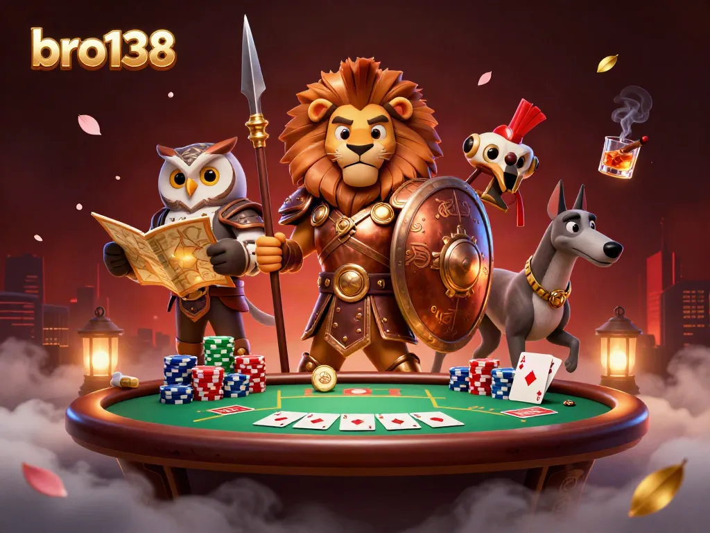 Experience excitement at bro138 with a Spartan lion and allies at a vibrant poker table.