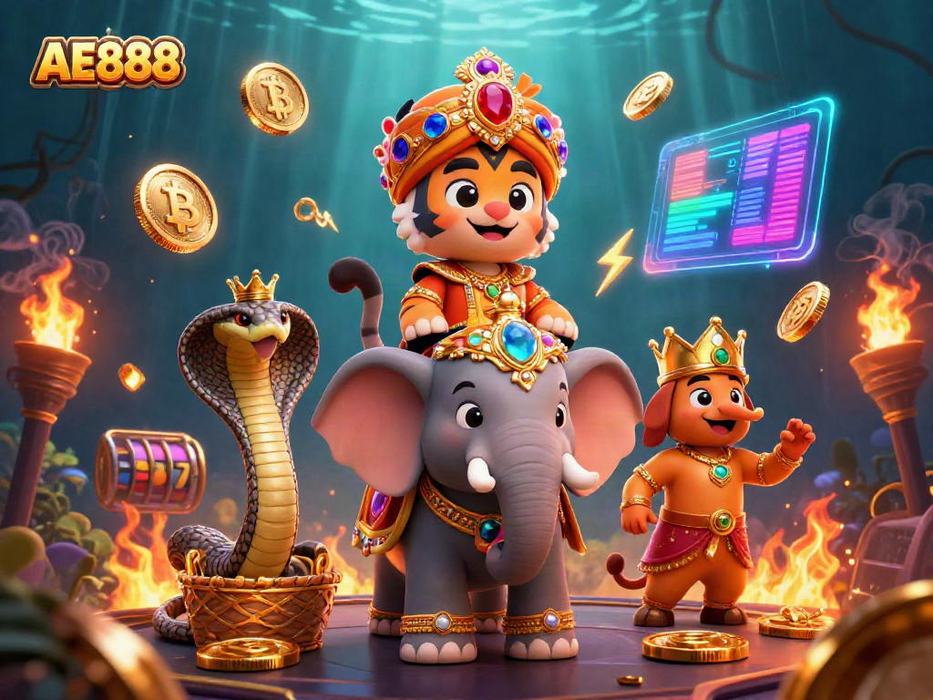 Engage with AE888's stunning 3D casino experience featuring a cartoon Indian tiger, elephant, and crypto coins.