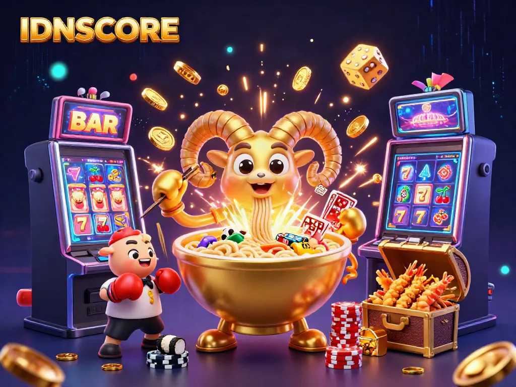 Engage with IDNSCORE's vibrant 3D casino scene featuring dynamic characters and thrilling gaming elements.