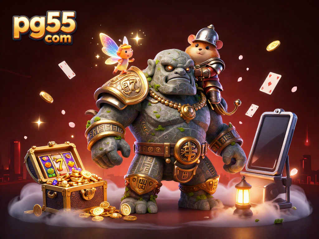 Enhance your play at pg55 com with a lively illustration of exciting casino adventures featuring vibrant characters and rich game elements.