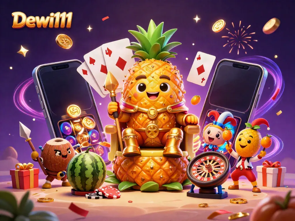 Gambaran slot Dewi111 dengan karakter raja nanas dan elemen kasino yang meriah.