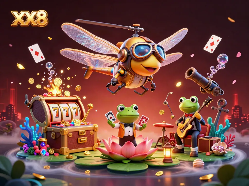 Engage in thrilling gameplay at XX8 with a vibrant casino scene featuring a dragonfly pilot and frog dealer.