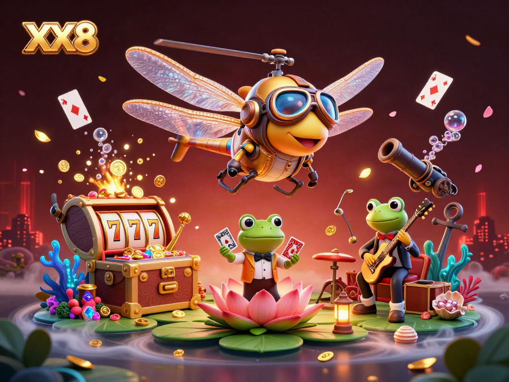 Engage in thrilling gameplay at XX8 with a vibrant casino scene featuring a dragonfly pilot and frog dealer.
