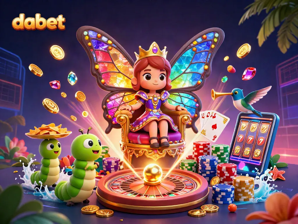 Dabet offers thrilling gameplay with a vibrant butterfly queen in a casino setting, showcasing rich colors and dynamic elements.