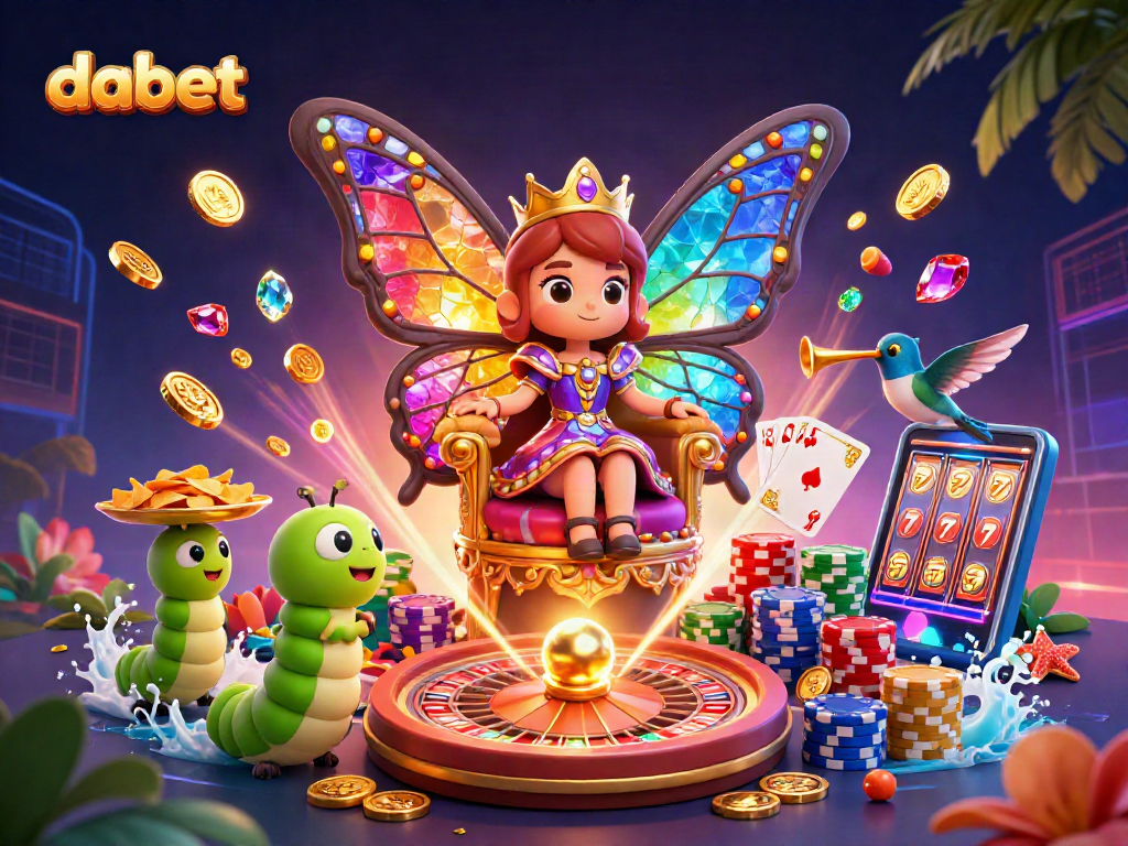 Dabet offers thrilling gameplay with a vibrant butterfly queen in a casino setting, showcasing rich colors and dynamic elements.