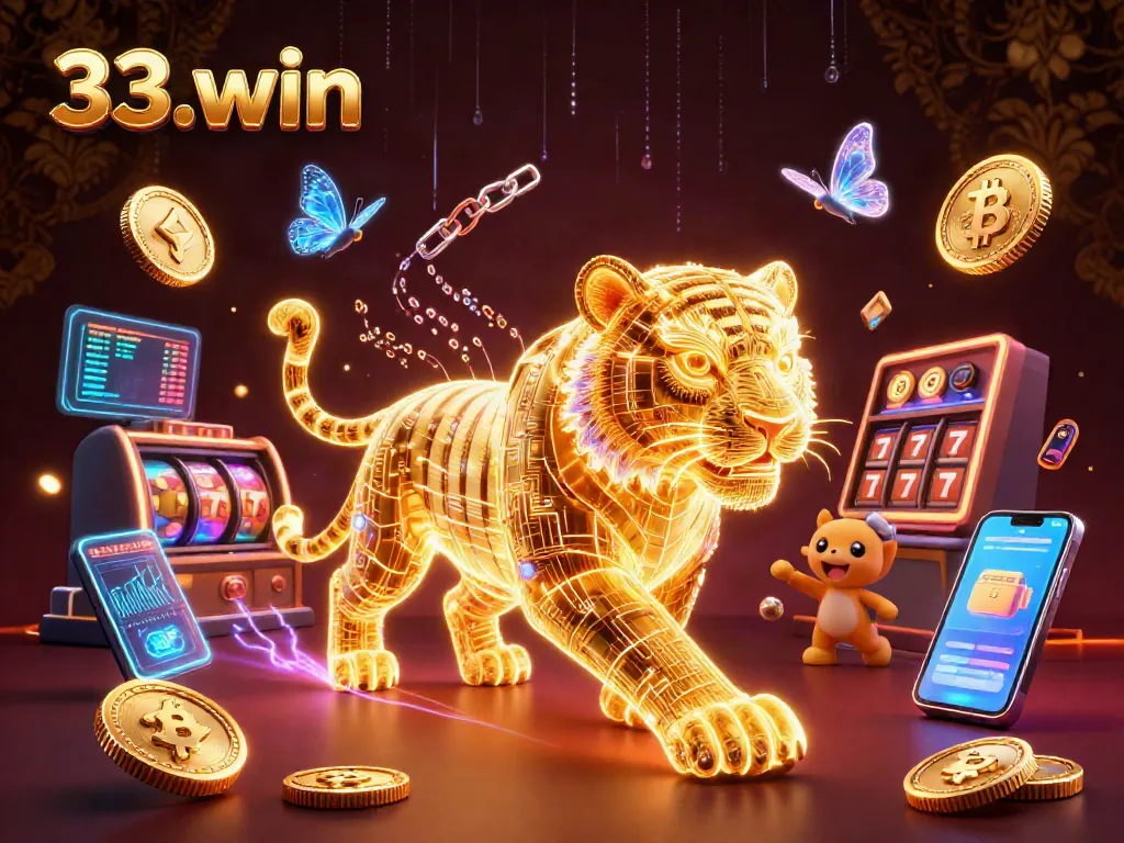 Experience the thrill of 33-win with an energetic digital casino scene featuring a golden tiger and crypto elements.