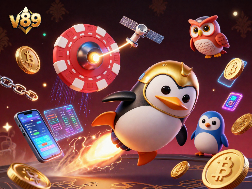 Menyaksikan penguin emas bertenaga roket v89 meluncur ke stasiun kasino sambil menghasilkan koin emas.