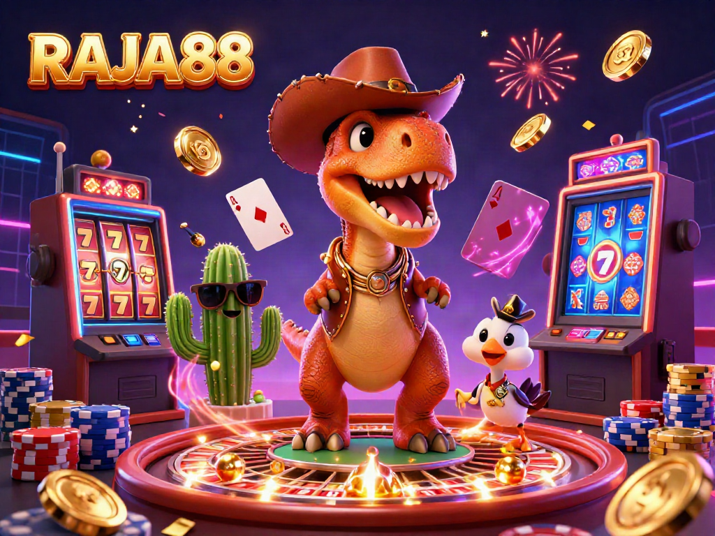 Rafting Slot Terbaru di RAJA88 dengan karakter dinosaurus dan permainan mobil yang penuh warna