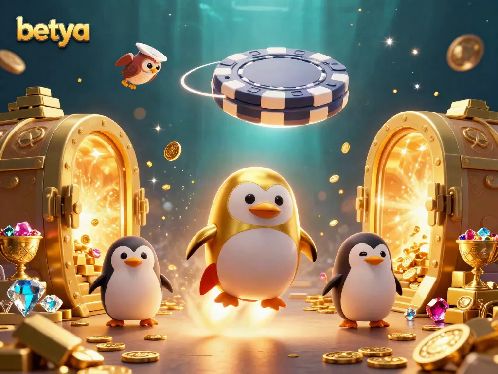 Betya's golden penguin blasts through space toward a casino chip as treasure bursts open.