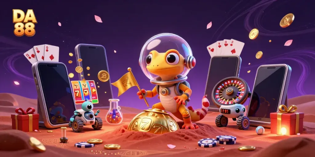DA 88's Martian gecko discovers a golden casino with vibrant slot games and cheering aliens.