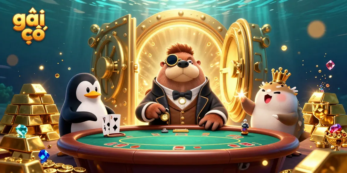 Experience the thrill of poker with gái gọi in this vibrant underwater scene featuring vivid characters and gold treasures.
