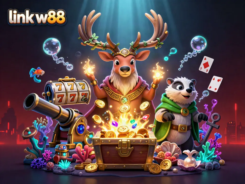 Engage with link w88 through vibrant 3D casino illustration featuring a Celtic stag and whimsical elements.