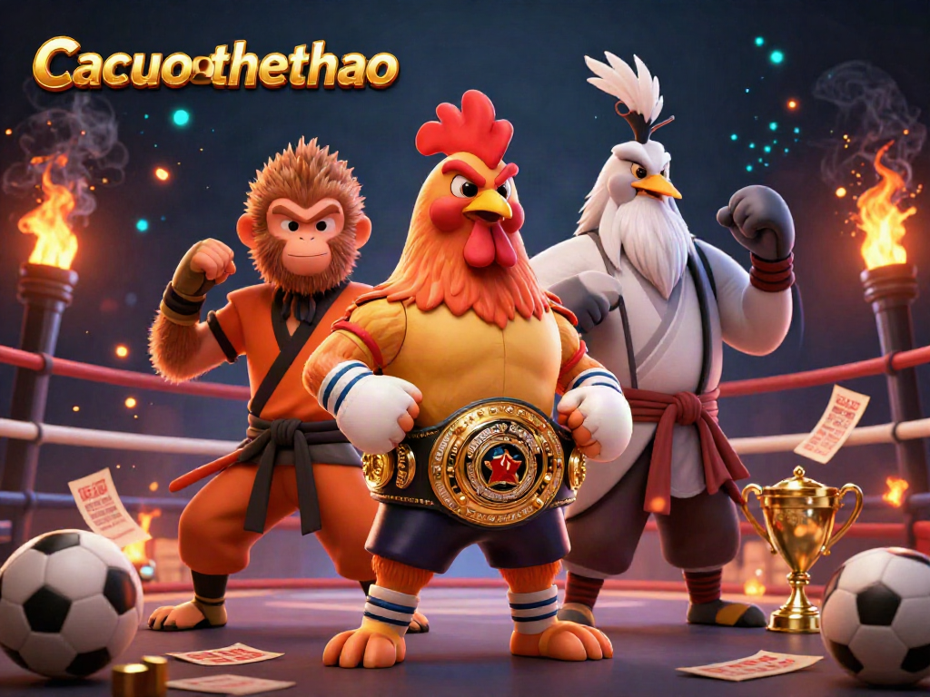 Cacuocthethao showcases intense sports action with a cartoon rooster, monkey, and crane amidst dynamic betting elements.
