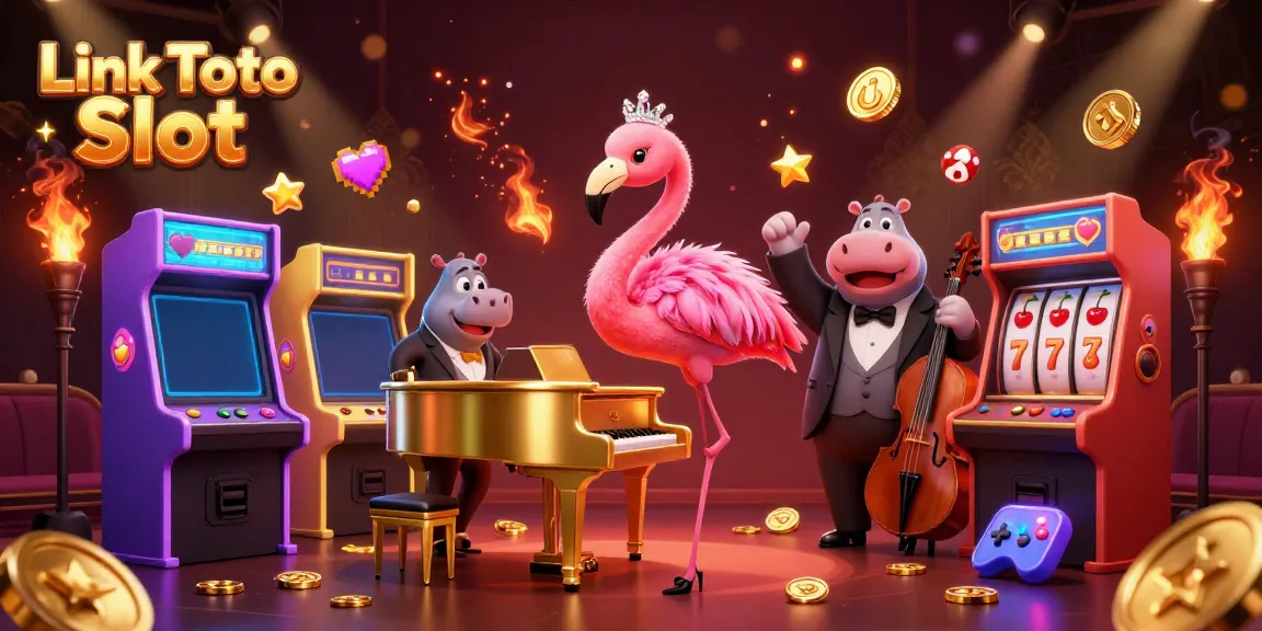 Gambarkan keseruan bermain Link Toto Slot dengan flamingo penyanyi dan hippo musisi di kasino