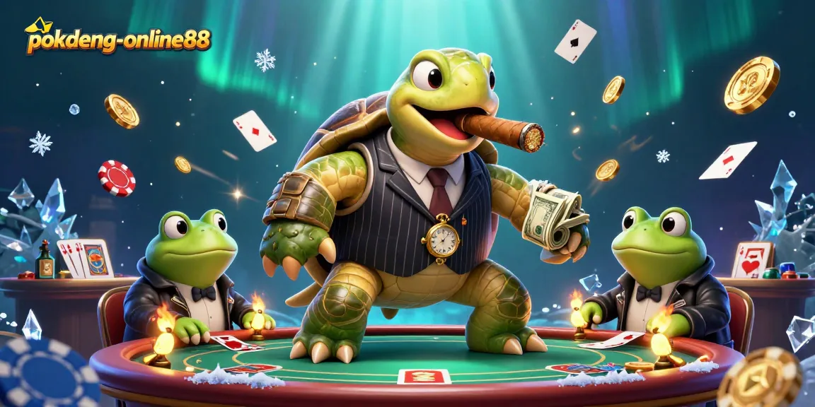 Experience thrilling action with pokdeng-online88 as the characters enjoy poker tables and vibrant casino elements.