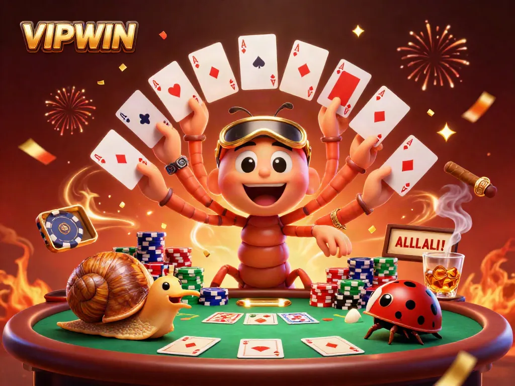 Experience the excitement of VIPWIN with a millipede dealer showcasing playing cards at a vibrant poker table.