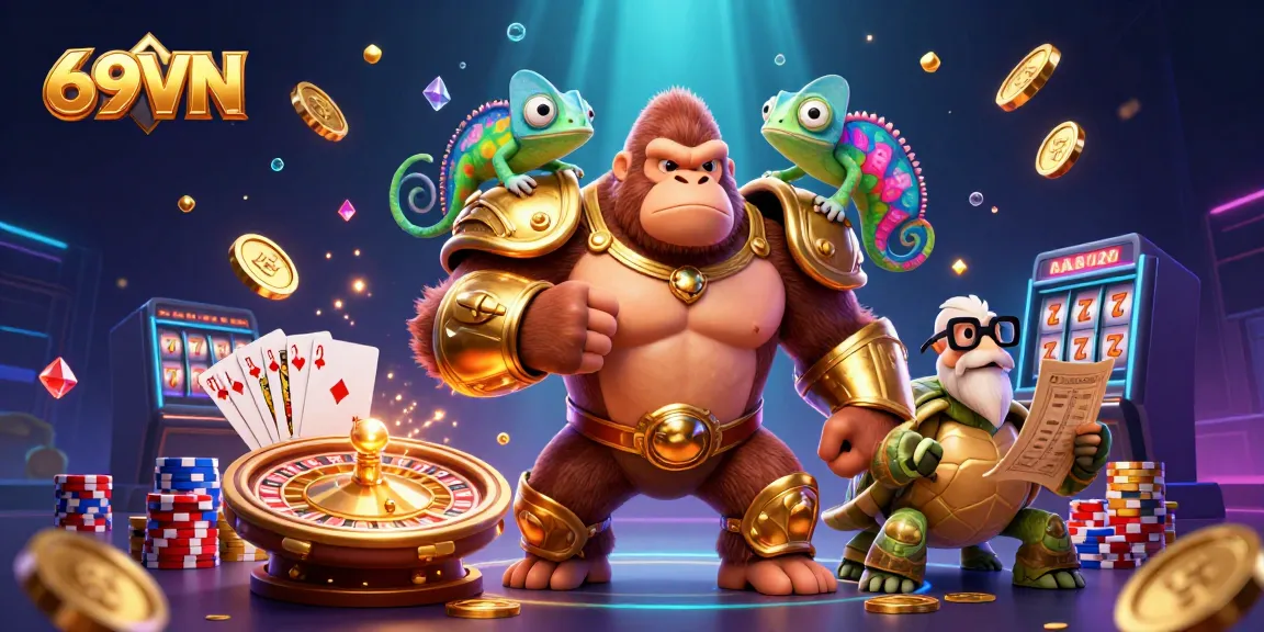 The 69VN gorilla king triumphs in a vibrant casino scene, showcasing dynamic gaming elements.