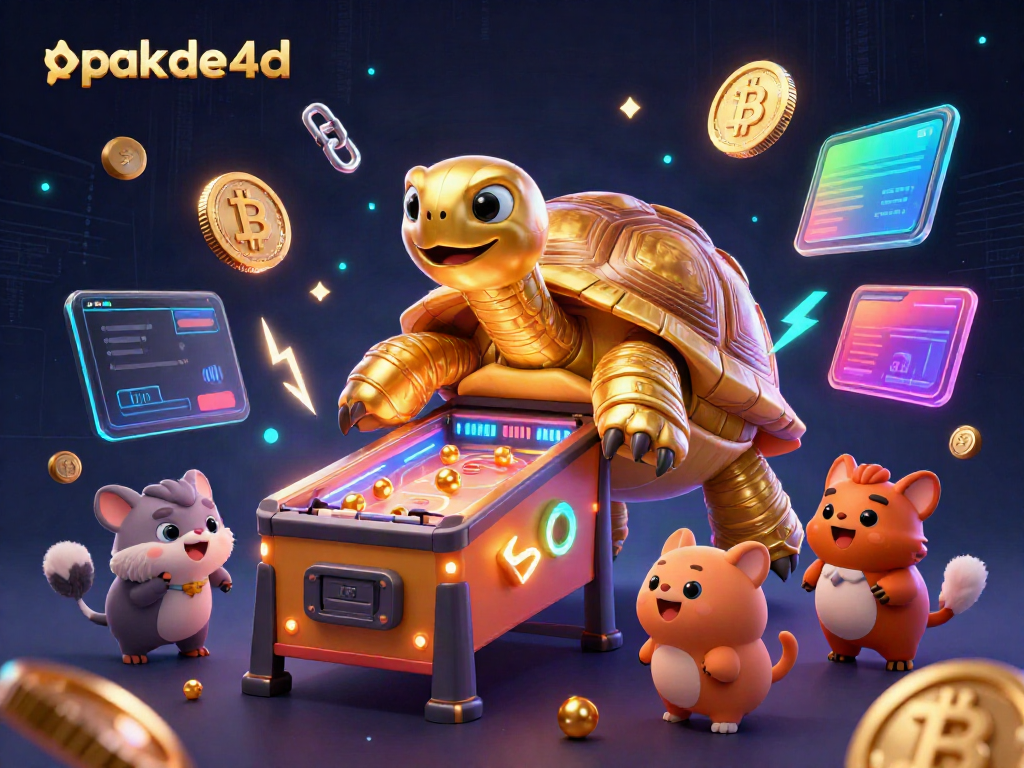 Engage with pakde4d through this exciting 3D illustration of a giant tortoise pinball machine surrounded by animated characters and crypto elements.