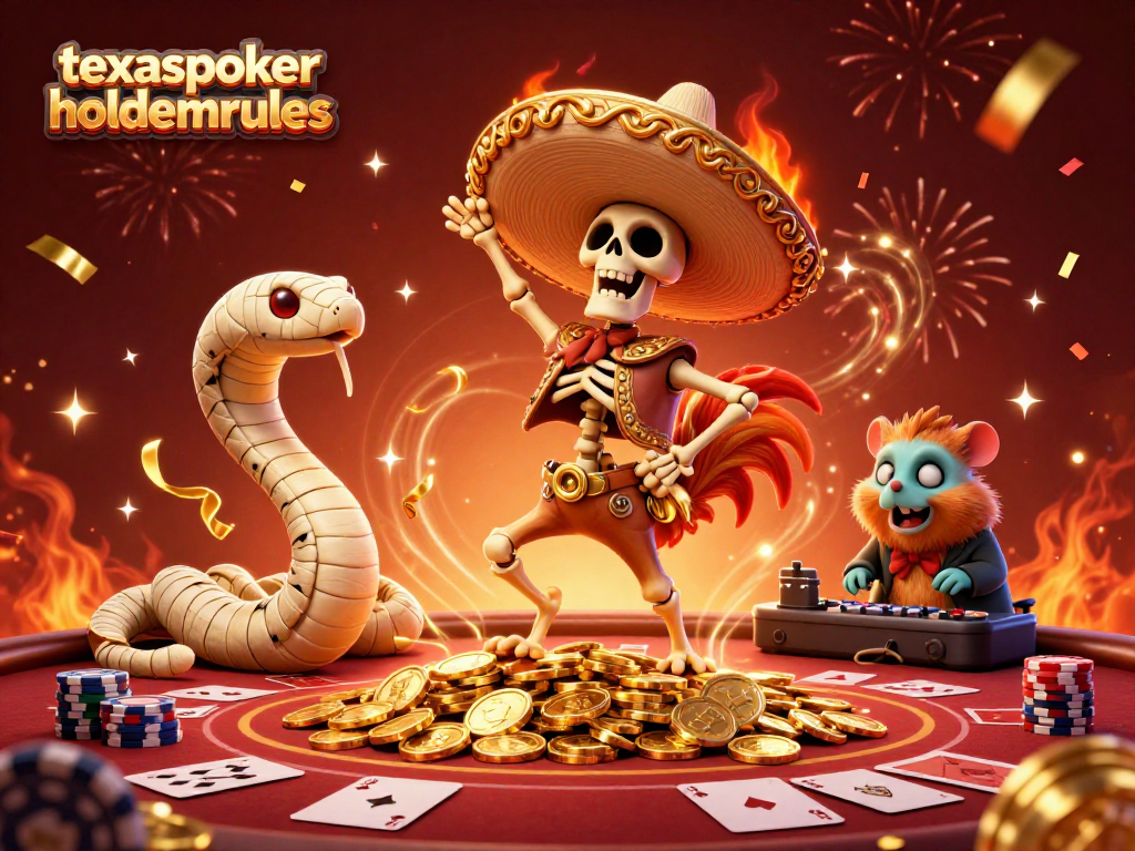 Experience texas poker holdem rules with a lively scene of colorful characters and poker elements.