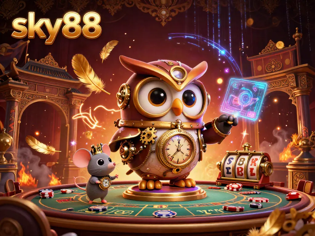 Experience the vibrant gaming scene at sky88 with a steampunk owl and immersive casino elements.