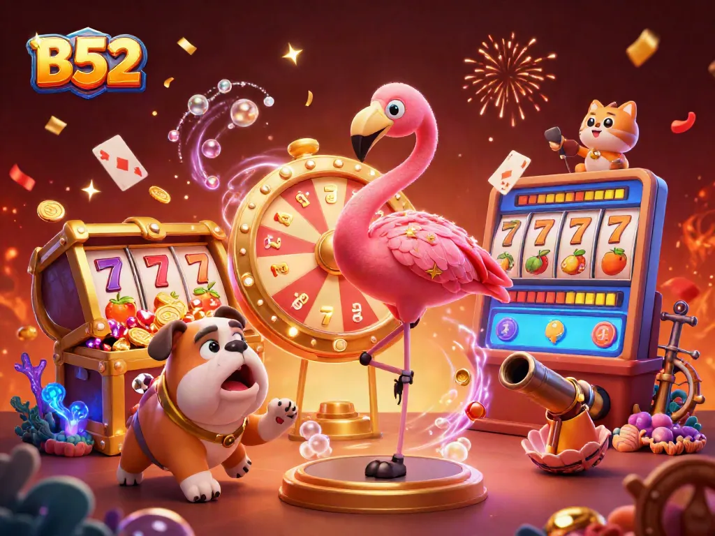 Spin the B52 prize wheel with excitement in this vibrant casino illustration.