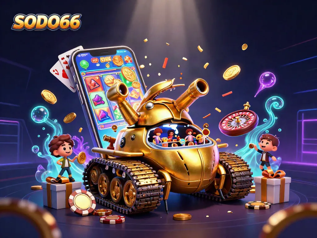 Experience the thrill of SODO66 with a vibrant casino-themed 3D illustration showing a golden beetle tank and exciting gaming elements.