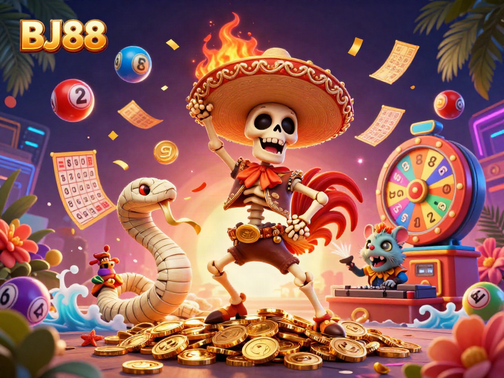 BJ88 celebrates a vibrant online gaming world with dynamic characters and colorful game elements.