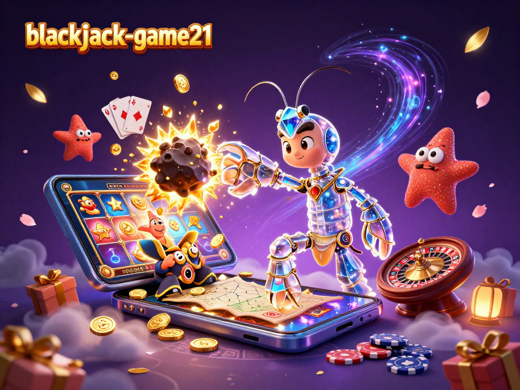 Engage with blackjack-game21 in a dynamic illustration of a galactic samurai mantis shrimp amidst exploding gems and casino elements.